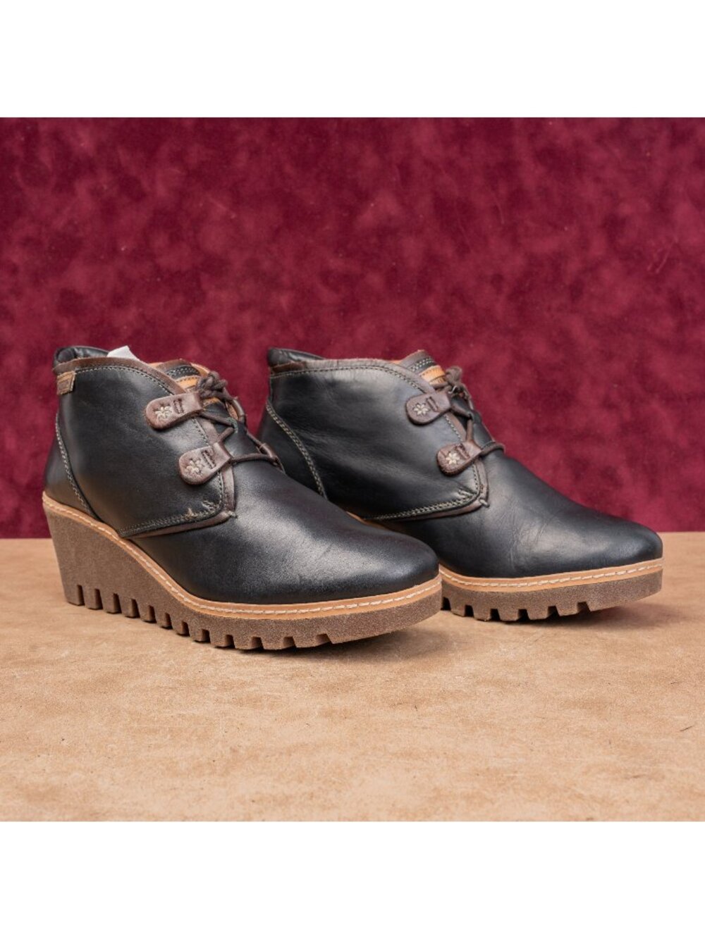 Pikolinos Women Maple Black Leather Lace-up Wedge Ankle Boots sz10US EUR41